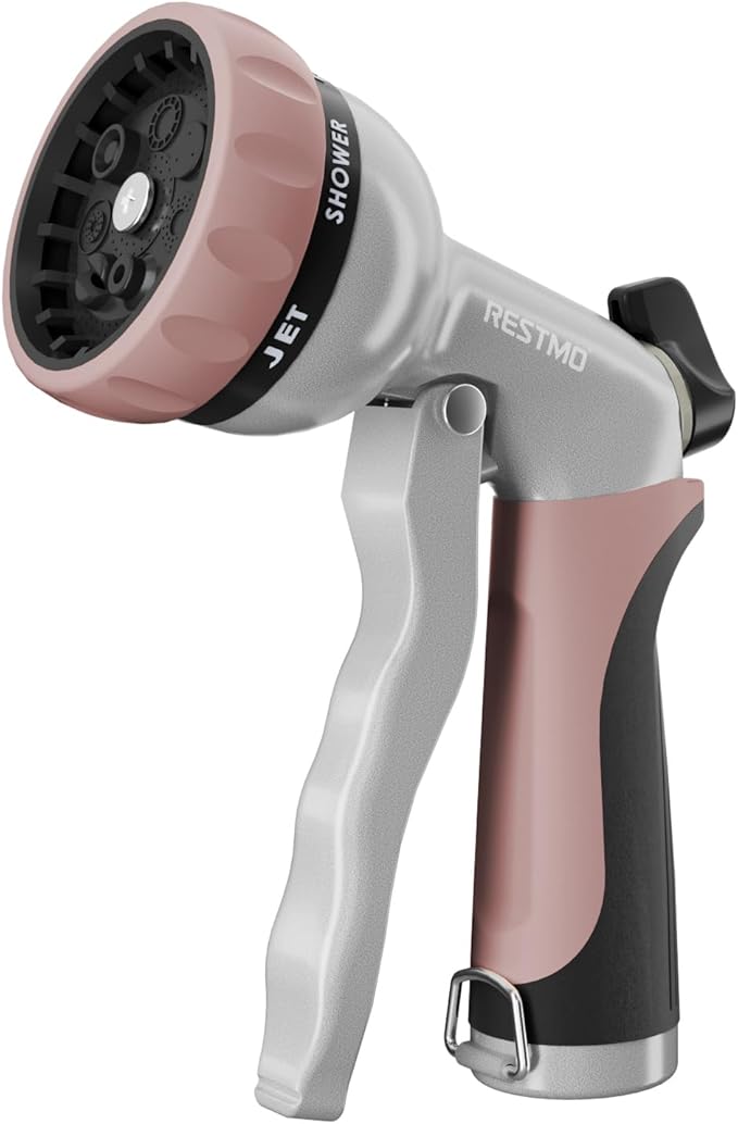 RESTMO Garden Hose Nozzle, Heavy Duty Water Hose Nozzle with 7 Adjustable Spray Patterns, High Pressure Hand Sprayer with Flow Control, for Watering Plants & Lawns, Washing Cars & Pets, Rose Gold