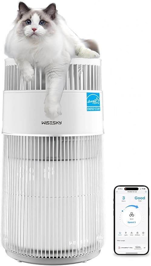 WiseSky Pet Air Purifier, 3-in-1 HEPA Filter for Cat Hair Dander Odor Dust, for Home Large Room, Up to 1644 ft², Smart App Control, 360° Air Intake, W-Cat, White