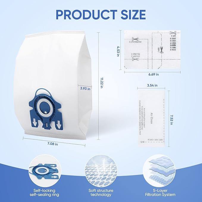 Replacement GN Vacuum Cleaner Bags Compatible with Miele Classic C1,Complete C2, Complete C3, S227/S240, S270,S400,S2,S5,S8 Series Canister Vacuum Cleaner (6 Pack Dust Bags + 2 Set Filters)