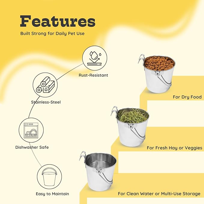1 Quart Stainless Steel Flat Sided Bucket with Dual Hooks | 4 Pcs Durable Food & Water Bowl for Dog Cat Bird & Small Animals | Fits kennel Cage Crates Farm Hanging Pet Pail | Multipurpose