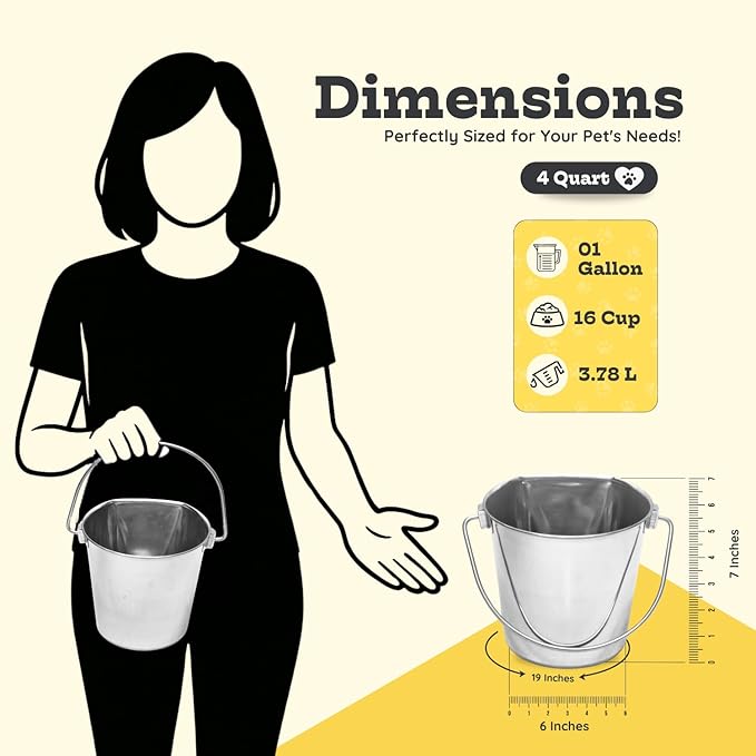 Flat Side Stainless Steel Bucket 4 Quart Hanging Feeding Pail for XL Dogs Cats Goats Sheep, Fits Kennel Cage Compatible, Heavy Duty Food and Water Feeder, 1 Gallon Silver Buckets 2 Pack