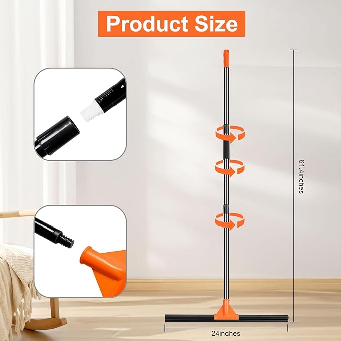 Heavy Duty Floor Squeegee for Concrete Tile Cleaning, 24" Rubber Wiper Squeegee Broom with Long Handle, Commercial Scrubber Mop for Garage Deck Bathroom Kitchen Pool Glass