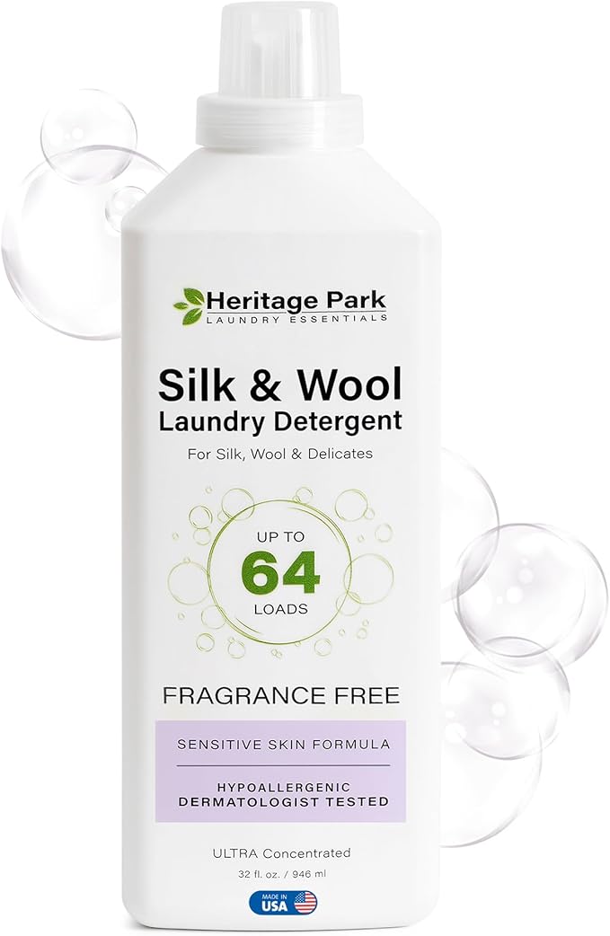 Heritage Park Silk & Wool Fragrance Free, Hypoallergenic, pH-Neutral Laundry Detergent – Dermatologist-tested, Sensitive Skin-Friendly, Enzyme-Free, Concentrated Up to 64 loads (32 fl oz)