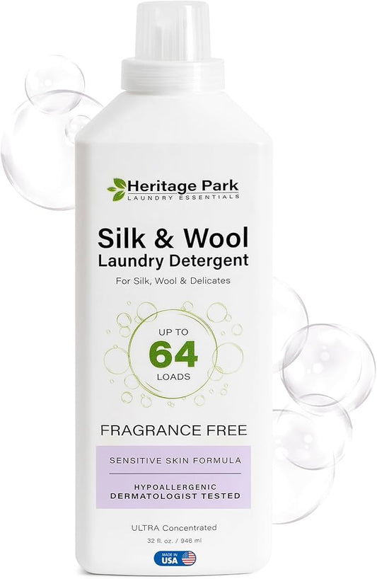 Heritage Park Silk & Wool Fragrance Free, Hypoallergenic, pH-Neutral Laundry Detergent – Dermatologist-tested, Sensitive Skin-Friendly, Enzyme-Free, Concentrated Up to 64 loads (32 fl oz)