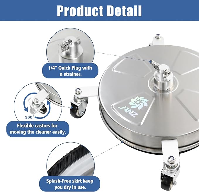JANZ 16" Pressure Washer Surface Cleaner with 4 Wheels, Stainless Steel Housing, 1/4" Quick Plug, 2 Extension Wand Attachments, 2 Replacement Nozzles and 3 Spray Nozzles, 4000 PSI