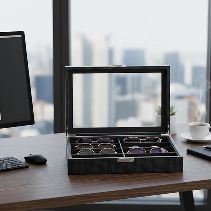 BEWISHOME Glasses Organizer for Men, Sunglasses Organizer, 8-Slot Sunglasses Storage Case with Large Clear Glass Lid, PU Leather Lined Eyewear Display Box