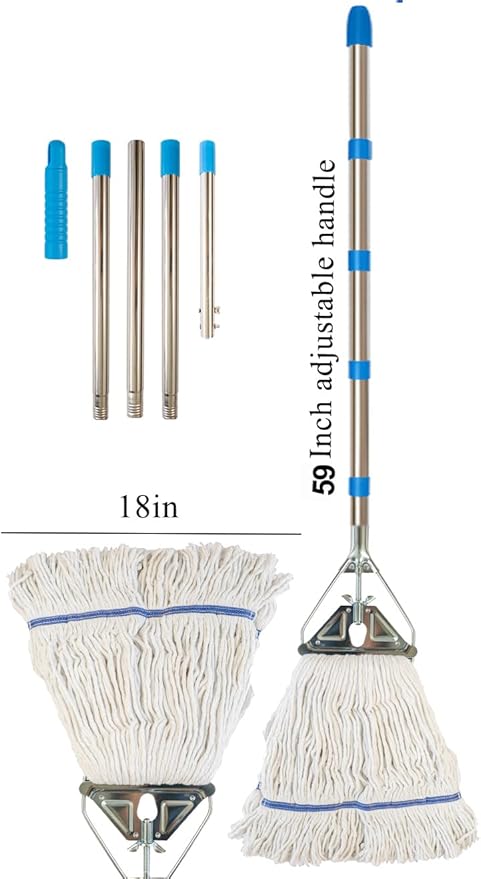 Heavy‑Duty Looped‑End String Wet Mop with Extra Mop Head – 59″ Stainless Steel Pole, Large 450 g Cotton Yarn Head for Commercial & Industrial Cleaning, with Extra Mop Head