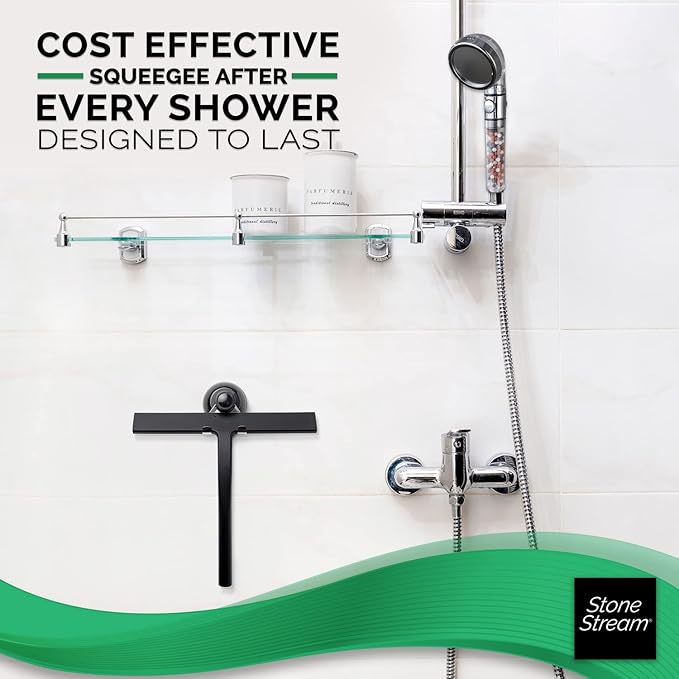 Original StoneStream Stainless Steel Shower Squeegee - Premium Quality Bathroom Squeegee with Non-Slip Handle and 2 Holders for Quick and Easy Cleaning of Glass, Tile, and Mirrors - Matte Black