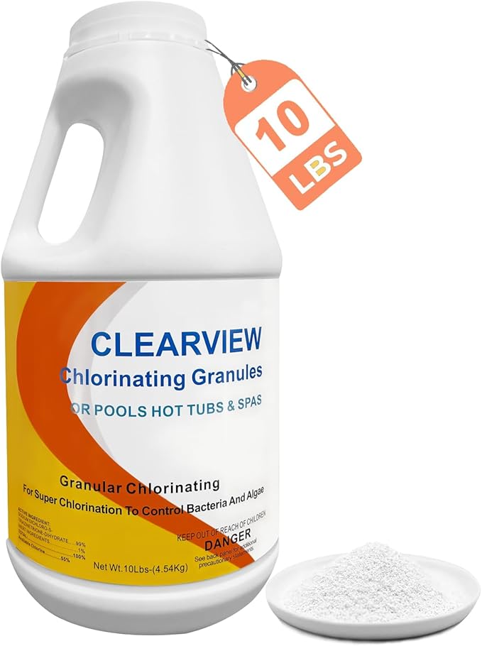 ClearView Chlorine Granules 10 Lbs for Swimming Pools, Calcium-Free Formula Quick Dissolving Spa Chlorinating Granules, Hot Tub Pool Chock Chlorine Granular Sanitizer