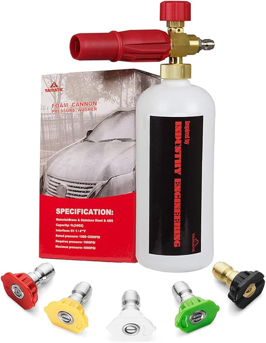 YAMATIC Heavy Duty Foam Cannon Professional Car Wash Pressure Washer Jet Wash 1/4" Quick Connect Adjustable Snow Foam Lance with 5 Nozzle Tips