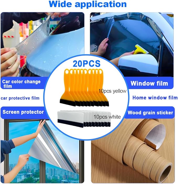 Black Felt Edge Squeegee Tool,Car Vinyl Film Wrapping Decal Glass Window Tint,Wallpaper Sticker Installation Spatula, Patching Putty Paint Flexible Small Plastic Scraper(Yellow 10Pcs,White 10Pcs)