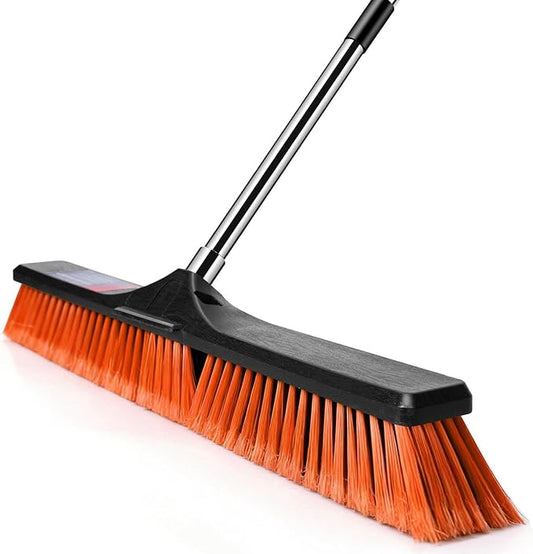 24" Push Broom, Heavy Duty Outdoor Commercial Broom for Cleaning with 55" Long Handle and Stiff Bristles, for Driveway Garage Yard Patio Warehouse Concrete Floor Cleaning,Orange