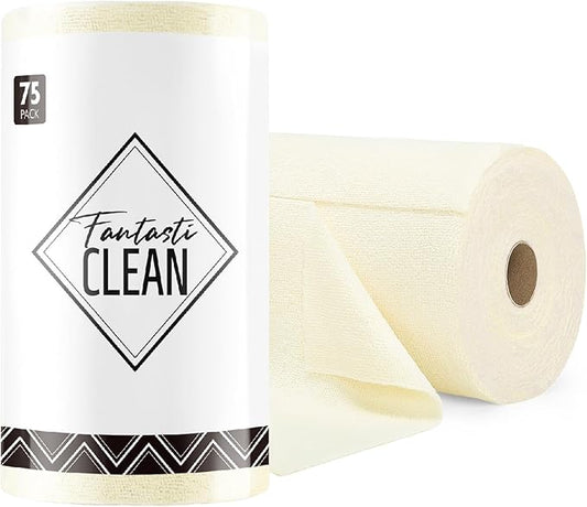 Fantasticlean Microfiber Cleaning Cloth Roll -75 Pack, Tear Away Microfiber Towels, 12" x 12", Reusable, Washable, Scratch Free, Ultra Absorbent Dishcloth for All-Around Cleaning Supplies (Beige)