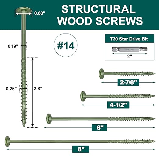 #14 Heavy-Duty Wood Screws, Star Drive Deck Screws, Rust Resistant Timber Screws for Timber/Log/Landscaping Wood (2-7/8 Inch,100Pcs,Green)