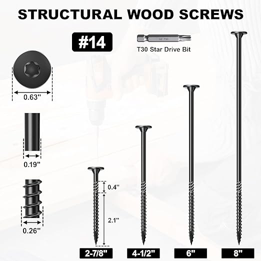 #14 Heavy-Duty Wood Screws, Star Drive Deck Screws, Rust Resistant Timber Screws for Timber/Log/Landscaping Wood (8 Inch,100Pcs,Black)