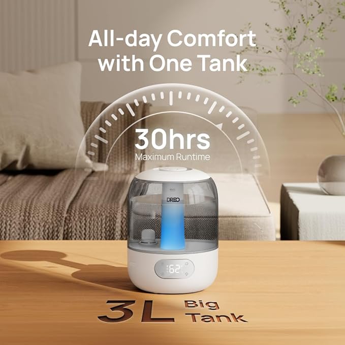 DREO Humidifiers for Bedroom, Cool Mist Ultrasonic Humidifiers with 30Hr Runtime, Top Fill 3L Tank, Easy Clean, Humidity Sensor, Night Light for Baby, Nursery, 360° Nozzle for Plants and Home, Grey