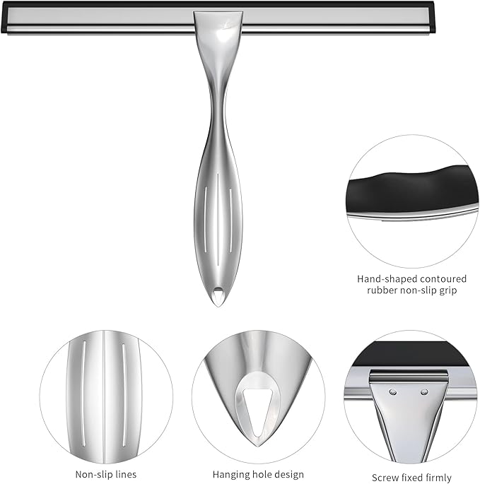 14-Inches Stainless Steel Shower Squeegee Set, Include Shower Door Hook, Adhesive Hook and Spare Silicone Blade, Window Squeegee for Shower Glass Door, Bathroom, Mirror, Window and Car Glass