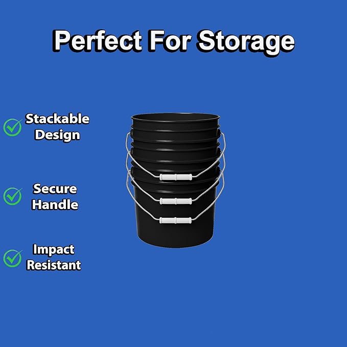 1-Gallon Bucket with Airtight Lid – Heavy-Duty Durable Pail – Made in USA – Premium Quality HDPE – Food Grade – BPA Free – Metal Handle with Plastic Grip – Stackable – Multi-Use – Black, 3 Pack