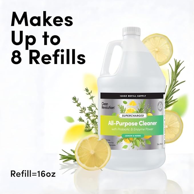 Clean Revolution SuperCharged All Purpose Cleaner Refill with Smart Probiotic + Enzyme Complex, Multi-Surface Kitchen Bathroom & Floor Cleaner, Lemon & Herbs, 128 Fl Oz