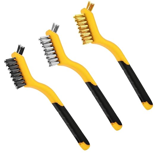 Wire Brush Set 3Pcs, Nylon/Brass/Stainless Steel Bristles with Curved Handle Grip for Cleaning with Curved Handle Grip for Rust Removal, Dirt, Paint Scrubbing Yellow