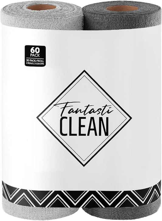 Fantasticlean Microfiber Cleaning Cloth Roll -60 Pack, Tear Away Microfiber Towels, 12" x 12", Reusable, Washable, Scratch Free, Ultra Absorbent for All-Around Cleaning Supplies (Grey & DimGrey)