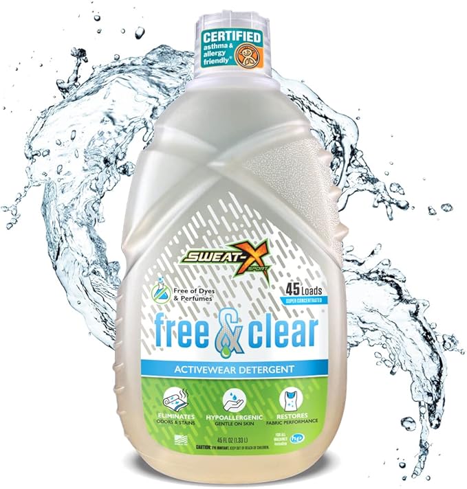 SWEAT X Free & Clear Laundry Detergent Liquid - Organic, Natural Non Toxic Laundry Detergent for Sensitive Skin - Gentle Washing Detergent for Activewear & Performance Fabrics - 45 Loads, 1 Bottle
