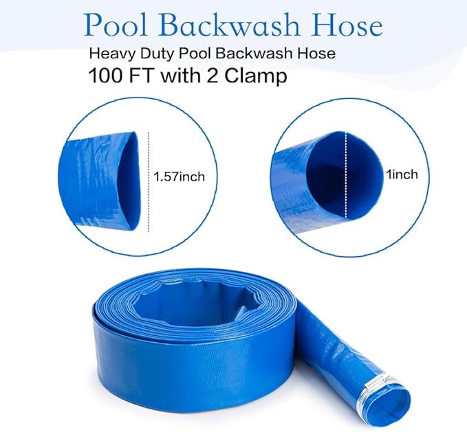 1" x100 FT, Pool Backwash Hose, Heavy-Duty PVC Hose, Lay Flat Discharge Hose, Weatherproof Burst Resistant for Water Transfer, Sump Pump, Pool Filter, Pool Drain，with 2 Clamps