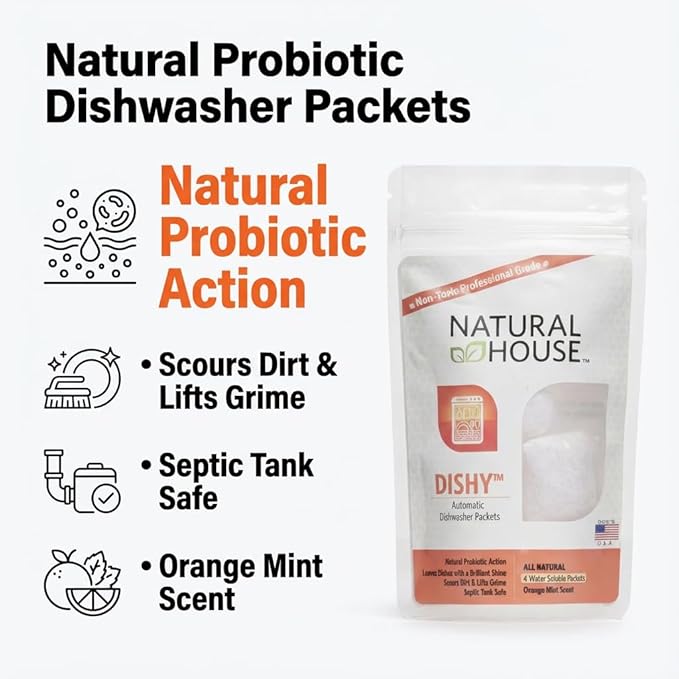 Natural House Dishy - Probiotic Dishwasher Detergent Pods - Plant-Based Formula - Septic Safe - Orange Mint Scent - 60 Count
