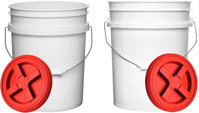 House Naturals Food Grade 5 Gallon Made in USA Plastic Bucket with Air Tight Screw on Lid (White Buckets with Red Lids)