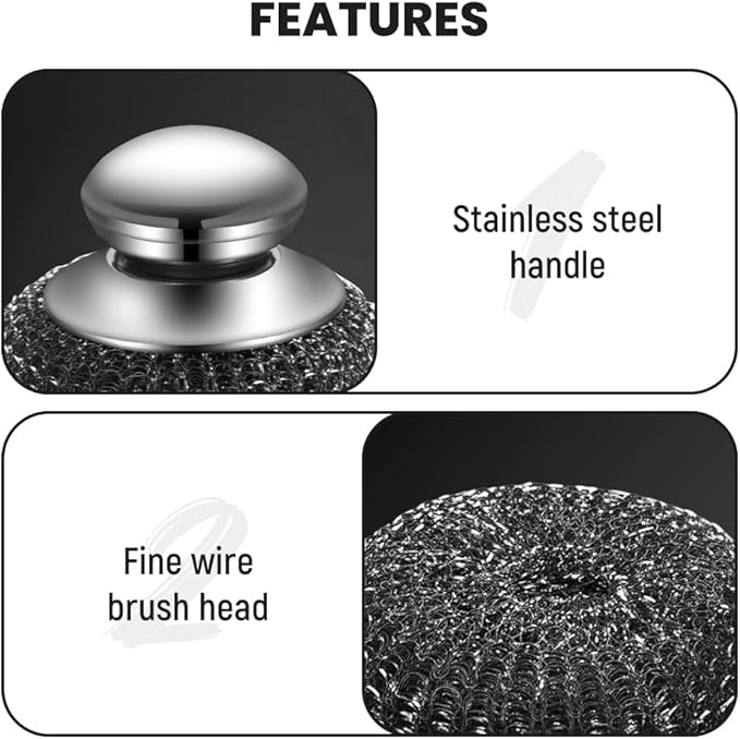 Steel Wool Scrubber with Handle, Upgrade Heavy Duty Stainless Steel Dish Scrubber for Cleaning Dishes, Iron Pots, Stoves, Kitchen Sink (3 pcs)