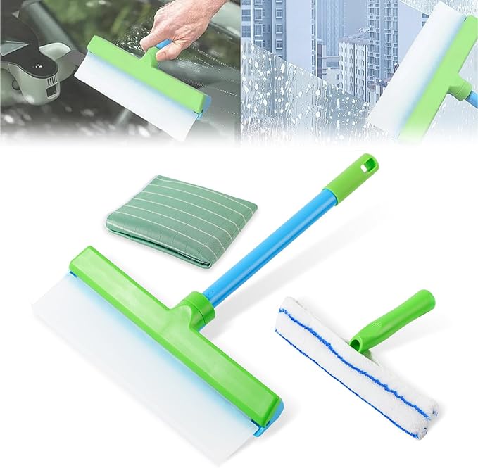 Window Cleaning Kit, Window Squeegee, Recyclable Silicone Window Squeegee Kit, 3 in 1 Glass Cleaning Tool with Rotatable Rubber Microfiber Scrubber (1 Set)