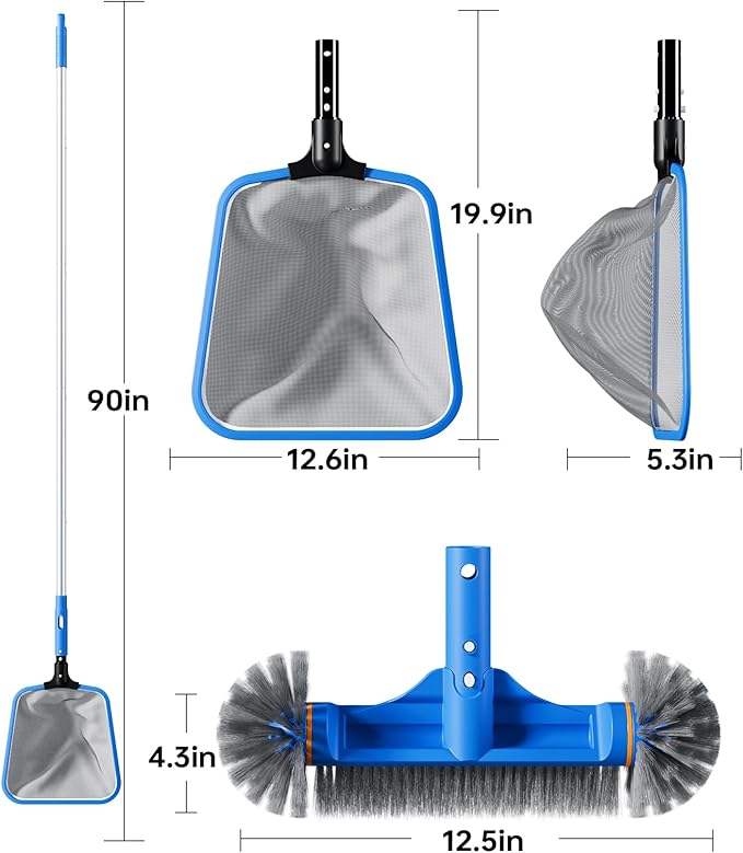 Sepetrel Deluxe Swimming Pool Cleaning Kit Including Half-Deep Fine Mesh Pool Leaf Skimmer Net,12" Round Pool Brush Head & 70.5" Pole, for Above Ground Pools,Ponds,Spas,Hot Tubs