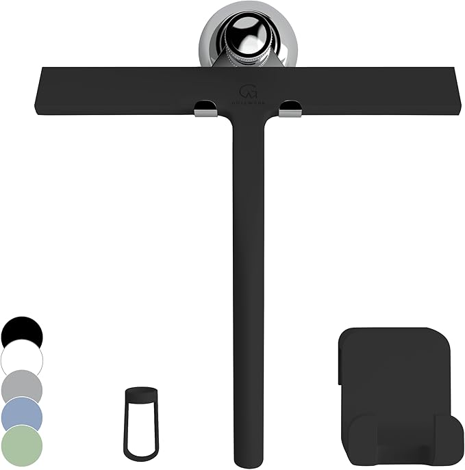 GÜTEWERK Shower Squeegee for Glass Doors, Silicone Window Squeegee, Bathroom and Glass Cleaning - Black - 9 Inch