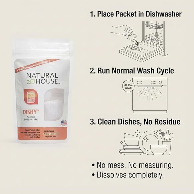 Natural House Dishy - Probiotic Dishwasher Detergent Pods - Plant-Based Formula - Septic Safe - Orange Mint Scent - 120 Count