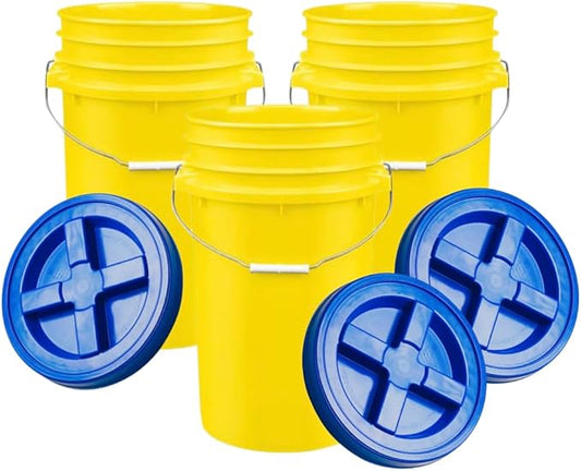 House Naturals Plastic Food Grade Made in USA Bucket with lid, Large 7 Gallon Container Comes with Screw On Lid (3, Yellow with Blue lid)