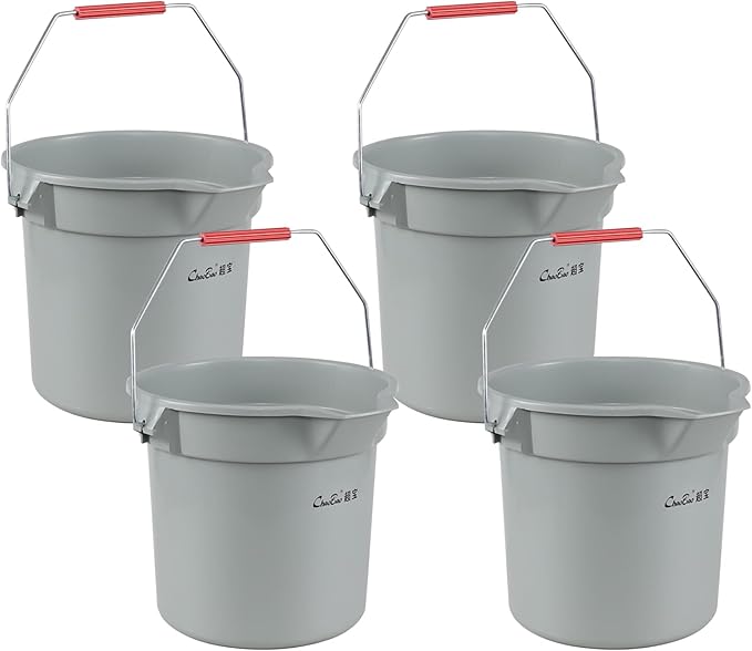 4 Pcs Plastic Commercial Pail with Handle for Cleaning, 14 Quart Sturdy Spout Pail Bucket, Gray