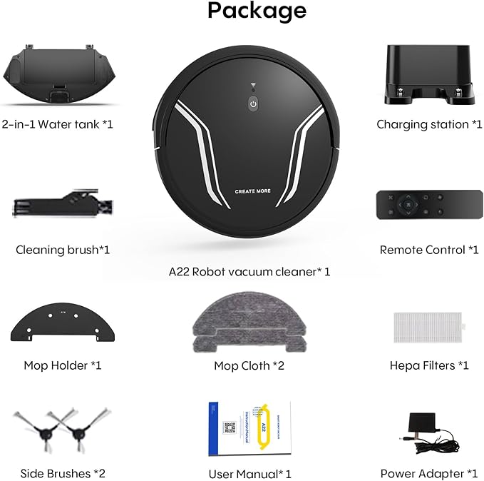 Bagotte Robot Vacuum and Mop Combo, 3-in-1 Robotic Vacuum Cleaner, 5000Pa Strong Suction with Auto Recharging,Tangle Free, Timing Function, App/WiFi/Voice/Remote for Hard Floor and Pet Hair