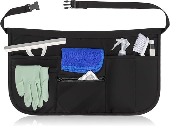 6-Pocket Cleaning Apron with Buckle, Splash-Proof Cleaning Caddy Apron, Adjustable Waist Belt with Zipper, Soft Heavy Sateen Housekeeper Aprons, Half Aprons for Housekeeping Work Supplies - Black