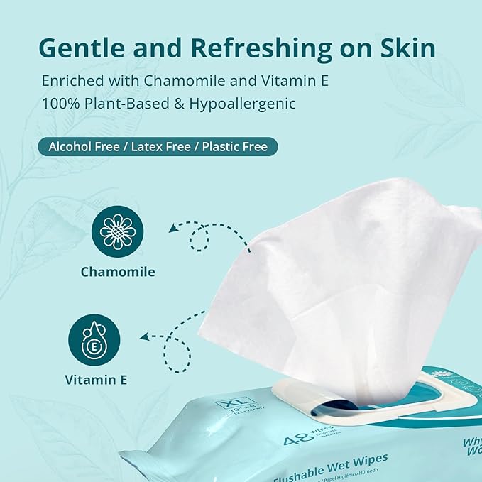 WhyWorry Flushable Wipes for Adults, Extra Large 8"x10" Butt Wipes for Personal Hygiene & Cleansing, with Chamomile and Vitamin E, 100% Plant-Based, Septic & Sewer Safe, Unscented, 48 Count