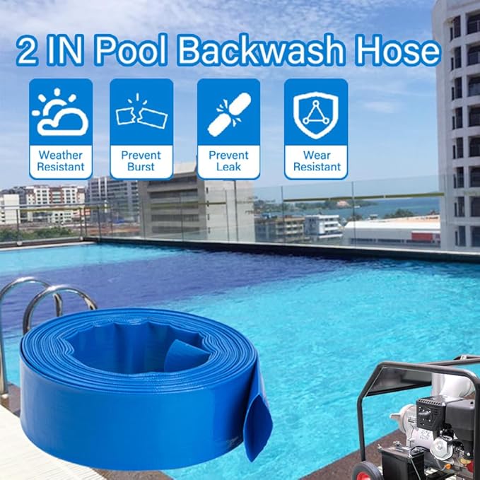 1" x100 FT, Pool Backwash Hose, Heavy-Duty PVC Hose, Lay Flat Discharge Hose, Weatherproof Burst Resistant for Water Transfer, Sump Pump, Pool Filter, Pool Drain，with 2 Clamps