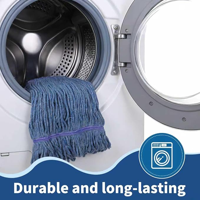 Blue Commercial Mop Head Replacement , Heavy-Duty Reusable and Washable Loop End Mops for Industrial Floor Cleaning on Hardwood and Concrete (4 Pack)