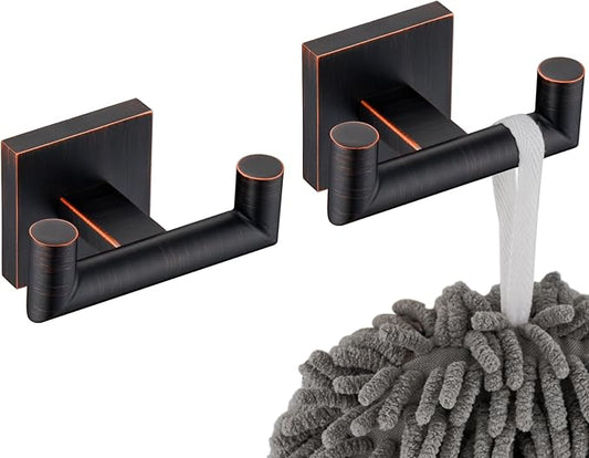 KOKOSIRI Robe Hooks Bathroom Double Towel Coat Hook for Bath Kitchen Hardware Wall Mounted, 2 Pack Oil Rubbed Bronze Stainless Steel B1015ORB-P2