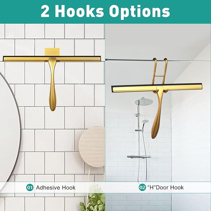 Shower Squeegee for Glass Doors,10-Inch Shower Glass Squeegee, Gold Shower Squeegee for Shower Doors,Mirror,Windows, with Shower Door Hook and Adhesive Hook