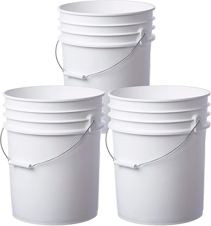 5 Gallon Food Grade Plastic Bucket, Open Head Pail with Handle, 12-3/8 in Diameter x 14-3/4 in Height (White, 2 Pack)