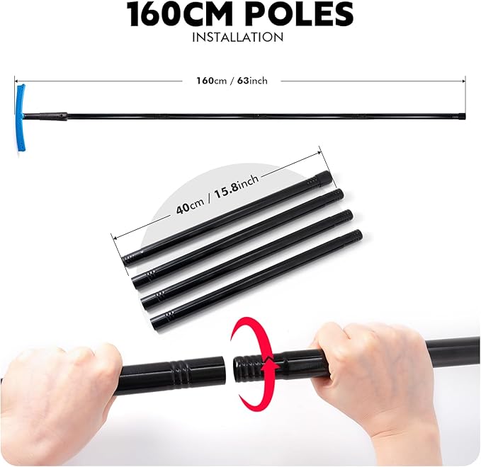 FOSHIO TPU Squeegee 10-Inch Blade with 4 Extension Poles (Extends up to 63 Inches), Anti-Slip Grip Handle Rubber Squeegee Streak-Free Cleaning for Car Windows, Shower Doors, Mirrors, Glass