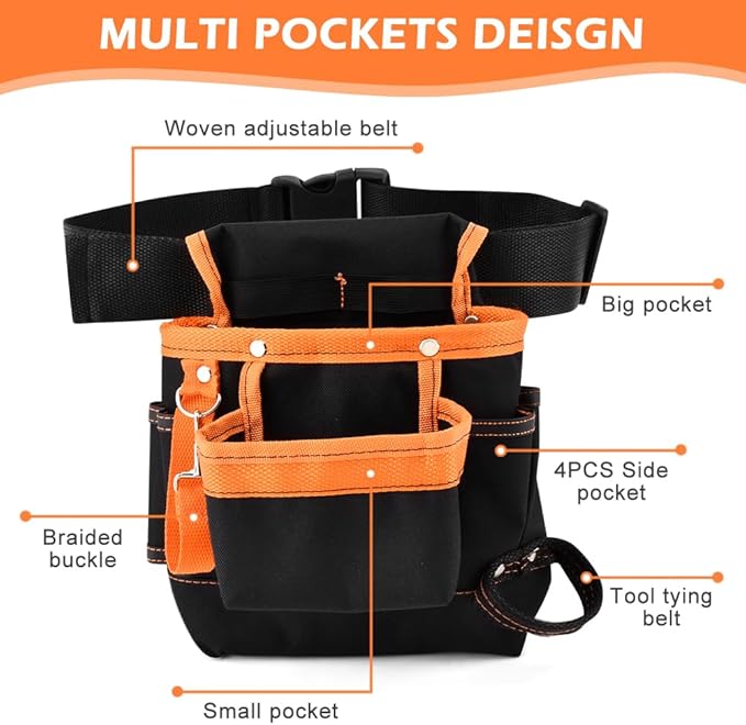 8 Pockets Tool Pouch, Utility Organizer Pouch Waist Bag for Tools, Adjustable Belt Work Apron for for Technician Maintenance Electrician Carpenter Woodworker Roofing Hardware Tools(SIZE:9.45x9.84inch)