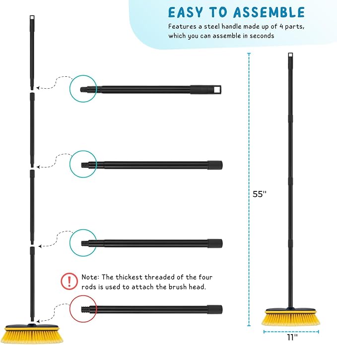 Car Wash Brush with Long Handle, 55'' Vehicles Exterior Washing Supplies, Soft Bristle Scrub Broom for Solar Panel, Boat, RV, Truck, Deck Cleaning, 2 Wax Applicator Pads Included