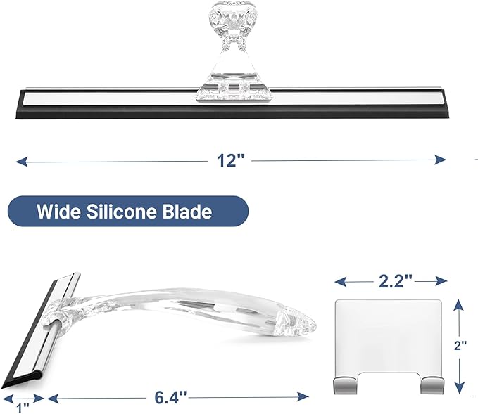 AmazerBath Squeegee for Shower Glass Door, Shower Squeegee for Glass Doors - All-Purpose Squeegee with Hook for Shower Doors, Windows, Mirrors, Tiles and Car Glass, 12 Inches - Clear