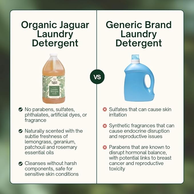 Organic Jaguar Laundry Detergent, Spring Breeze, 100% Natural Formula with Essential Oils, Gentle & Effective Formula Without Harsh Ingredients, Paraben & Sulfate Free, Natural Scent (64 oz)
