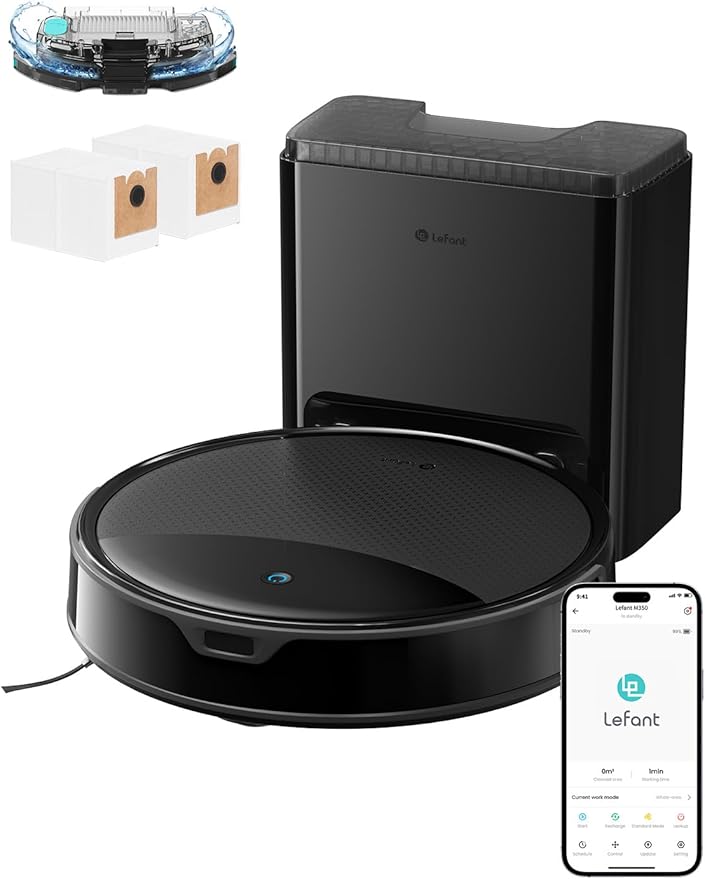 Lefant M350 Max Robot Vacuum and Mop,10000Pa Powerful Suction,40-Day Self-Emptying,240 Min Runtime,2.4G WiFi/Alexa/APP Control, Precision Mapping,Carpet & Hard Floors,Black